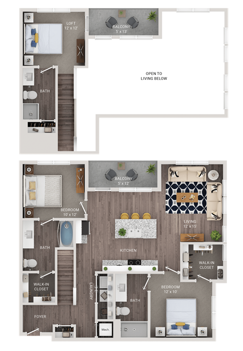 A floor plan of a house with two bedrooms, a living room, a dining room, a kitchen, a bathroom, and a walk-in closet.